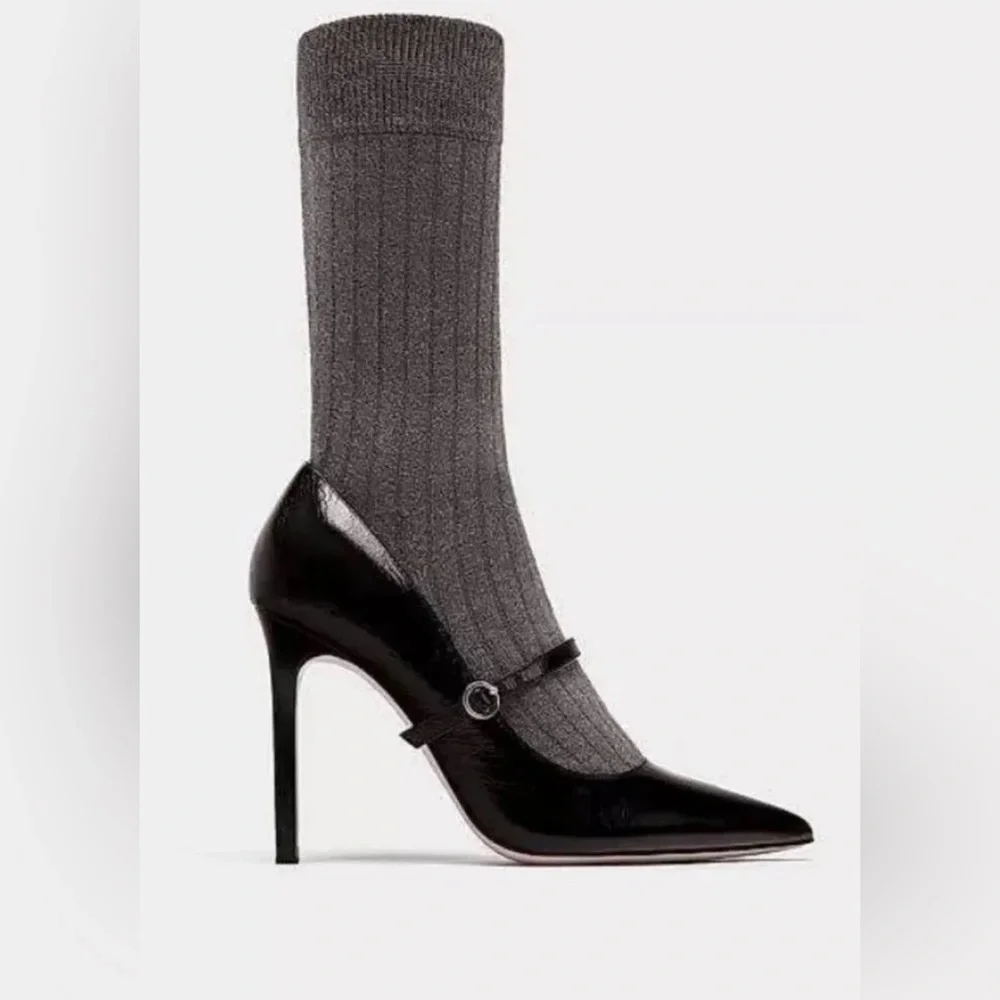 New with Tag Zara High Heel Stilletoes Sock Style Court Sock Shoes Black Sz 6👠 - Picture 4 of 9